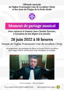 Offrande musicale à l'attention du Pasteur Jean-Charles Tenreiro le dimanche 26 juin à 16 heures